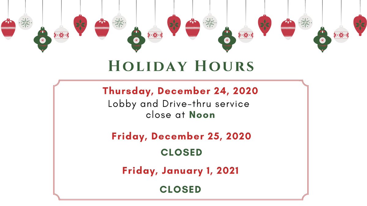 BankKFB's tweet photo. KFB Holiday Hours! #KFB #CommunityBank #HappyHolidays https://t.co/YXqNHpaHzg