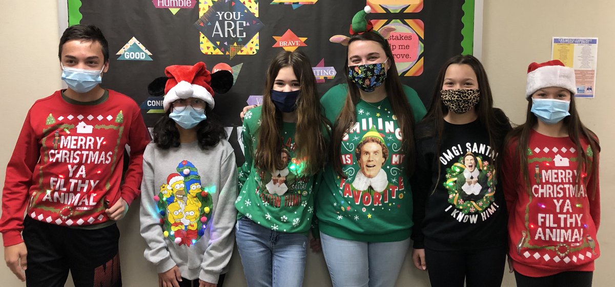 TenchTheTeach's tweet photo. Is it twin day or Christmas sweater day? 
Either way, we’re all “lit” here for our last full day of the calendar year!! 🎄💡
#CMSCelebrates https://t.co/1a2EwMIstF