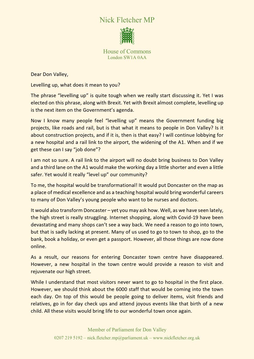 Fletcher4Mayor's tweet photo. Here’s a letter I have written to everyone in Don Valley. What does ‘levelling up’ mean to you? #Hatfield #Conisbrough #Edlington #Rossington #Thorne #Bawtry #Tickhill #Warmsworth #Wadworth #Loversall #Austerfield #Branton #Auckley #Finningley #Braithwell #Bessacarr #Cantley https://t.co/GCfx95Nk3B