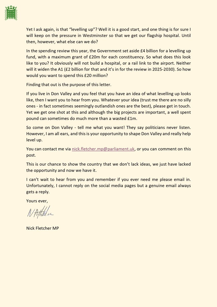 Fletcher4Mayor's tweet photo. Here’s a letter I have written to everyone in Don Valley. What does ‘levelling up’ mean to you? #Hatfield #Conisbrough #Edlington #Rossington #Thorne #Bawtry #Tickhill #Warmsworth #Wadworth #Loversall #Austerfield #Branton #Auckley #Finningley #Braithwell #Bessacarr #Cantley https://t.co/GCfx95Nk3B