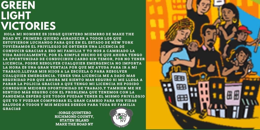 Throughout the day we will highlight the voices of our community members across the state who have benefited from #GreenLightNY   

Words from/Palabras de: Jorge of <a href="/MaketheRoadNY/">Make the Road NY 🦋</a>

#GreenLightAnniversary  #GreenLightVictories