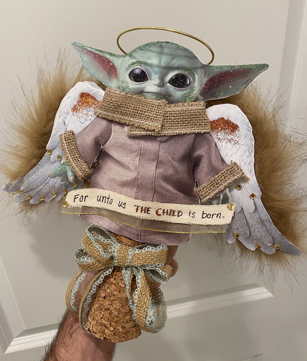 Brenbash's tweet photo. I heard people were putting Baby Yoda dolls on top of their trees. *grabs glue gun &amp; glitter* #BabyYoda #StarWars #TheMandalorian https://t.co/d6OpYkUUcj