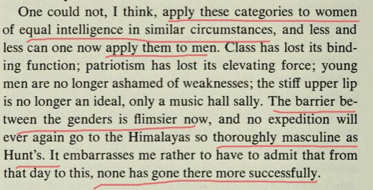 Revealing lament for the disappearing stiff upper lip and trend for men showing weakness. Also not keen the breaking down of barriers between the “genders” . He is not keen on mixed sex expeditions and slyly notes no mission will ever be as successful as his. The All Male one.