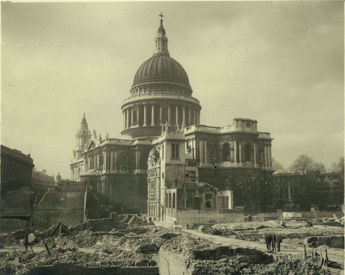 11.43pm. After almost 6 hrs of attack, the All Clear signal was given. During that time, 28 incendiaries had fallen on the Cathedral. But the damage was comparatively superficial:  'When we looked out over the City we saw an appalling scene of destruction’ #Blitz80 #StPaulsBlitz