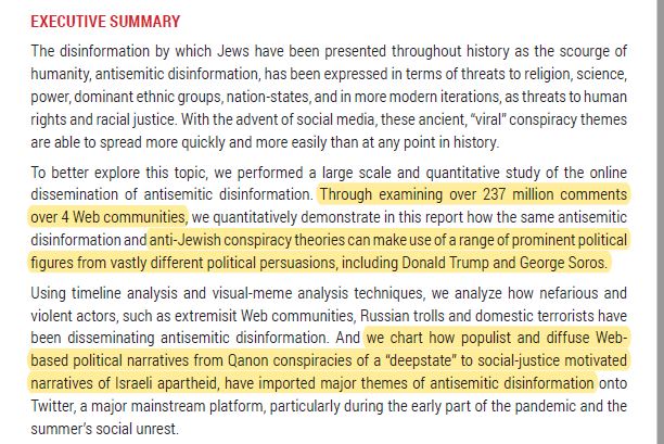 Executive Summary shown below.Anti-Semitism online spans the far right to the far left.It exploits figures from Soros to Trump.Heaviest actors include:Qanon, deepstate-ists, some social justice narratives around Israel.