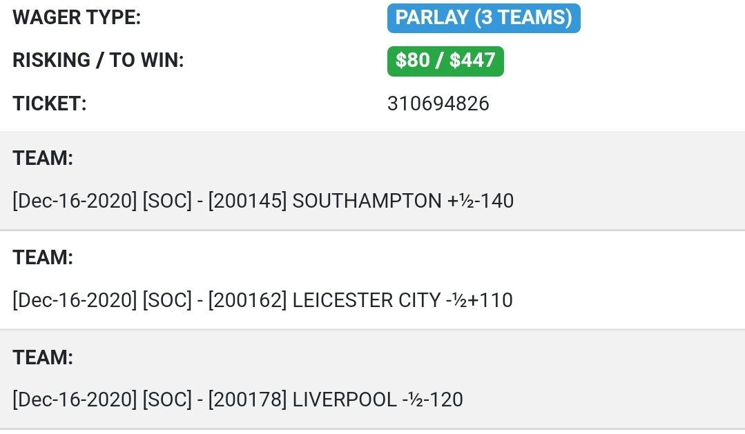 Sharp_Stacks's tweet image. Huge #soccer day today!
Start with an #EPL parlay with a couple of the early games. Doing a separate bet on the over 2.5 in the leicester match as well. 
#football #Futbol #footy #gamblingtwitter #picks #bets #parlays #LiverpoolSpurs #SouthamptonFC #LeicesterCity