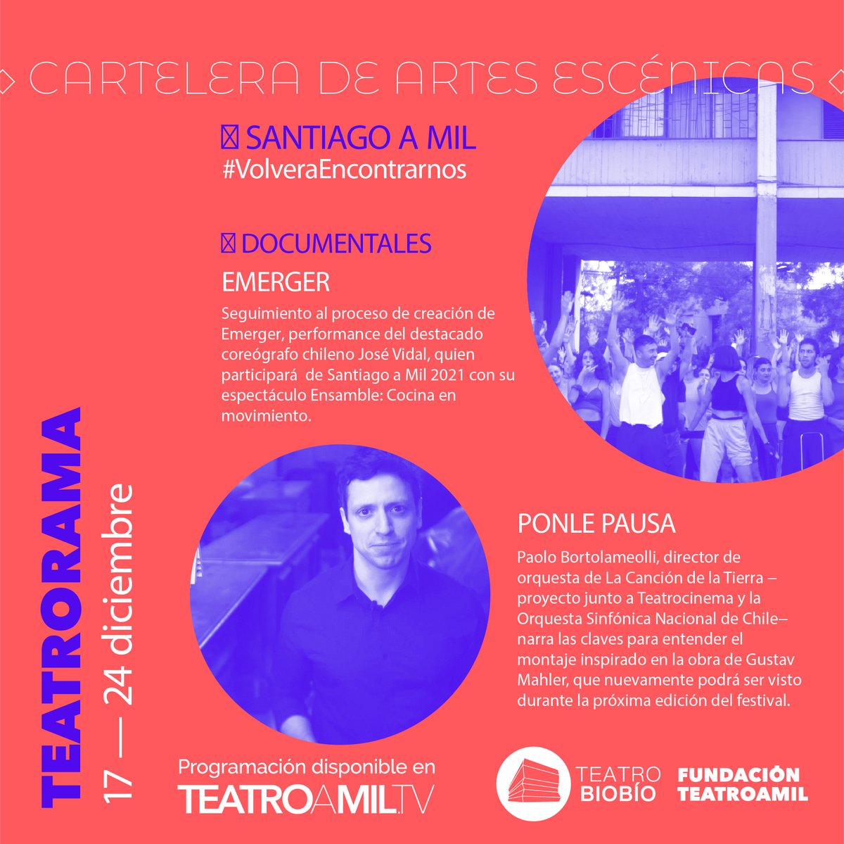 teatrobiobio's tweet photo. ¿Buscando panoramas para estos días? Desde el 17 al 24 de diciembre continúa la cartelera de #Teatrorama de la mano de @fundteatroamil 🎭
¡Apúntalo🗓 y no te lo pierdas porque es absolutamente gratis desde https://t.co/A6xNdZqXBi!
#TBBdetodosytodas
#SeguimosCuidándonos https://t.co/7DnjjRPdLK