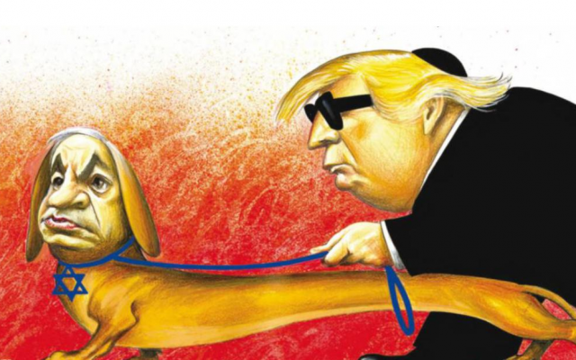 NYTimes cartoon in the international edition. (they subsequently apologized and stopped posting cartoons).A blind Trump, w/yarmulke, being led by a guide dog w/the face of Israeli Prime Minister Netanyahu.NYTimes.