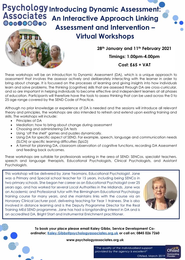 PsychologyA's tweet image. We still have a few places available on our virtual Introducing Dynamic Assessment Workshops. These workshops are such a fantastic opportunity to learn more about this unique assessment approach, and so please contact us to book your place! #virtualworkshops #DynamicAssessment