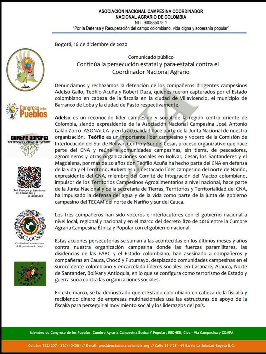 CNA_Colombia's tweet photo. #SerLiderSocialNoEsDelito
🆘 COMUNICADO PÚBLICO
Continúa la persecución estatal y para-estatal contra el Coordinador Nacional Agrario.
En las últimas horas han sido capturados 3 miembros de la Junta Nacional del @CNA_Colombia líderes y dirigentes campesinos del país. https://t.co/l1IGnZv1Jr