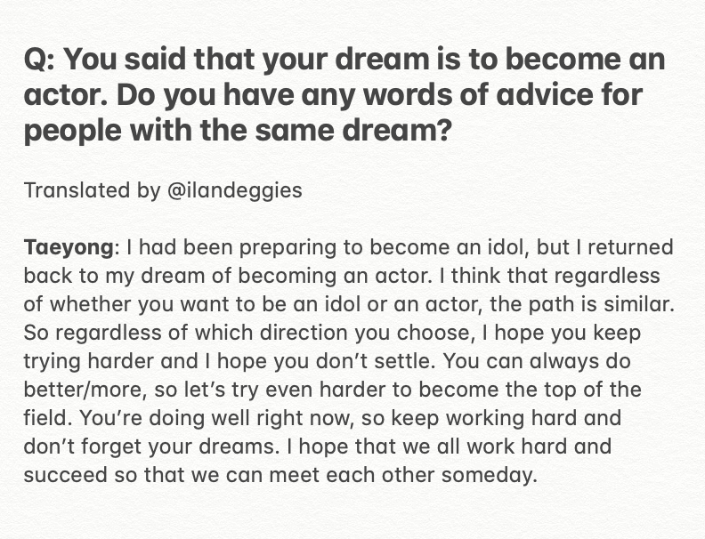 ilandeggies's tweet photo. #ILAND_TAEYONG Update

Taeyong is preparing to become an actor! Here are his words of advice from his recent interview😊 https://t.co/JfHJx8qPxx