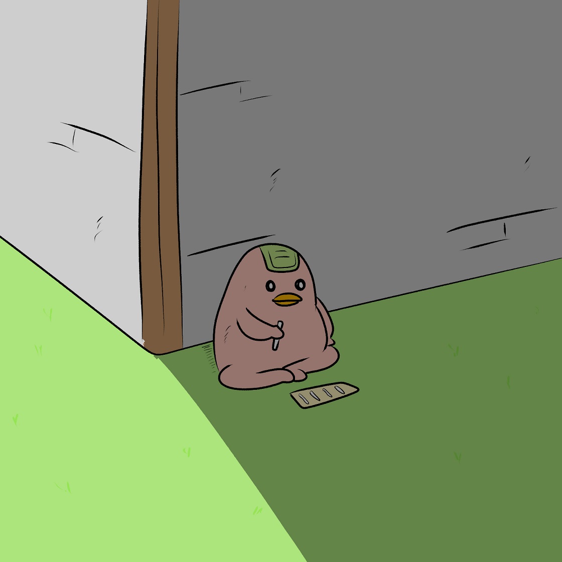 小屋の後ろに隠れてビタミン剤をやるモッチー Mr Aのイラスト 小屋の後ろに隠れてビタミン剤をやるモッチー Mr Aのイラスト