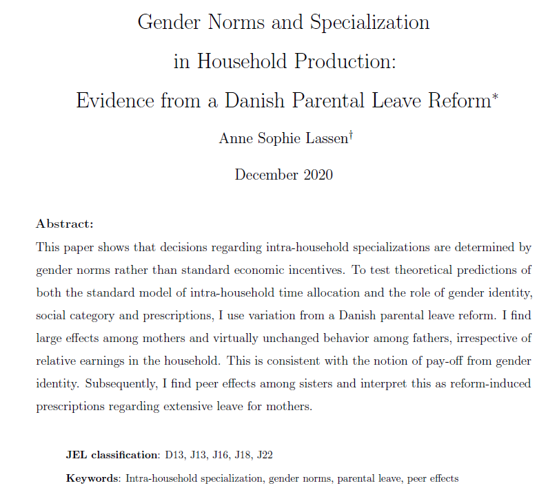 Who uses the possibility of longer parental leave? Short answer: Mothers! But why is that? In this working paper, I show that gender norms rather than standard economic incentives explain how couples decide who spends time on child-rearing. [1/8]Link:  https://annesophielassen.github.io/pages/working_papers/WP_GenderNorms_Lassen.pdf
