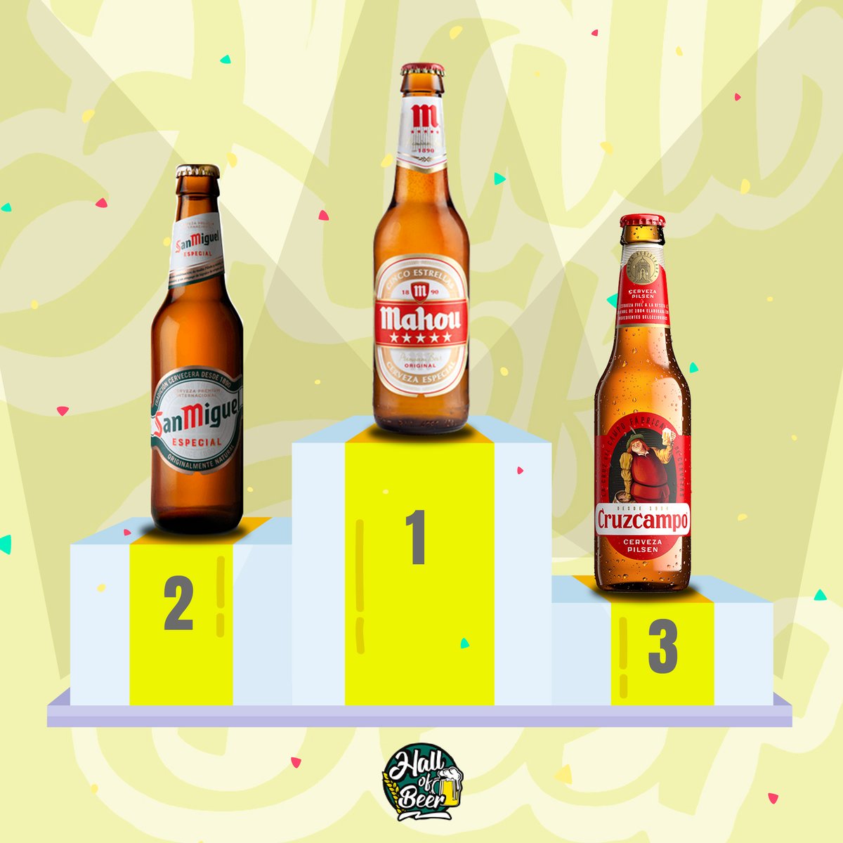hallofbeer's tweet photo. En el top 3 de cervezas más vendidas de este año en España están: 
1️⃣Mahou;2️⃣San Miguel y 3️⃣Cruzcampo. 
¿Cuál de las 3 es tu favorita? 🍻🧐 https://t.co/dnHTKO5jzF