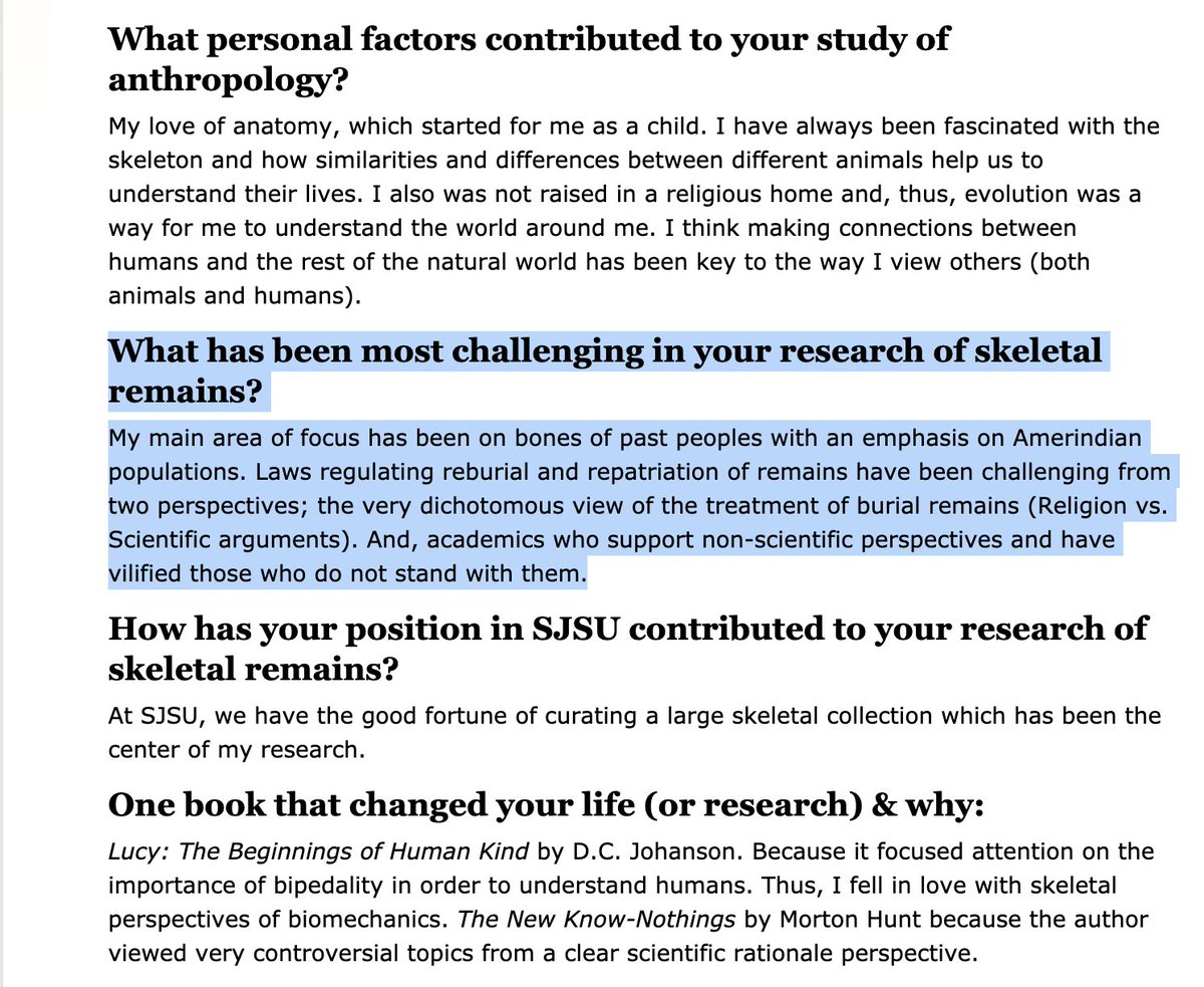 From her faculty page at SJSU. This is not someone who has relationships with actual Indigenous people. "Amerindian populations" is an incredible way to create cognitive distance from the fact that Native nations continue to be her literal neighbors in California.