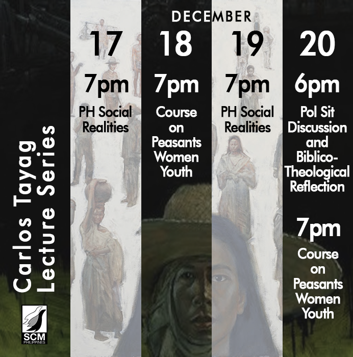 SCMPhilippines's tweet photo. #CarlosTayagLectureSeries

DEC
17: 7pm - PH Social Realities
18: 7pm - Course on Peasant, Women, Youth
19: 7pm - PH Social Realities
20: 6pm - Political Situation Discussion and Biblico-Theological Reflection | 7pm - Course on Peasant, Women, Youth

DM for details!
#DiscussPH https://t.co/SCy8mCDEba
