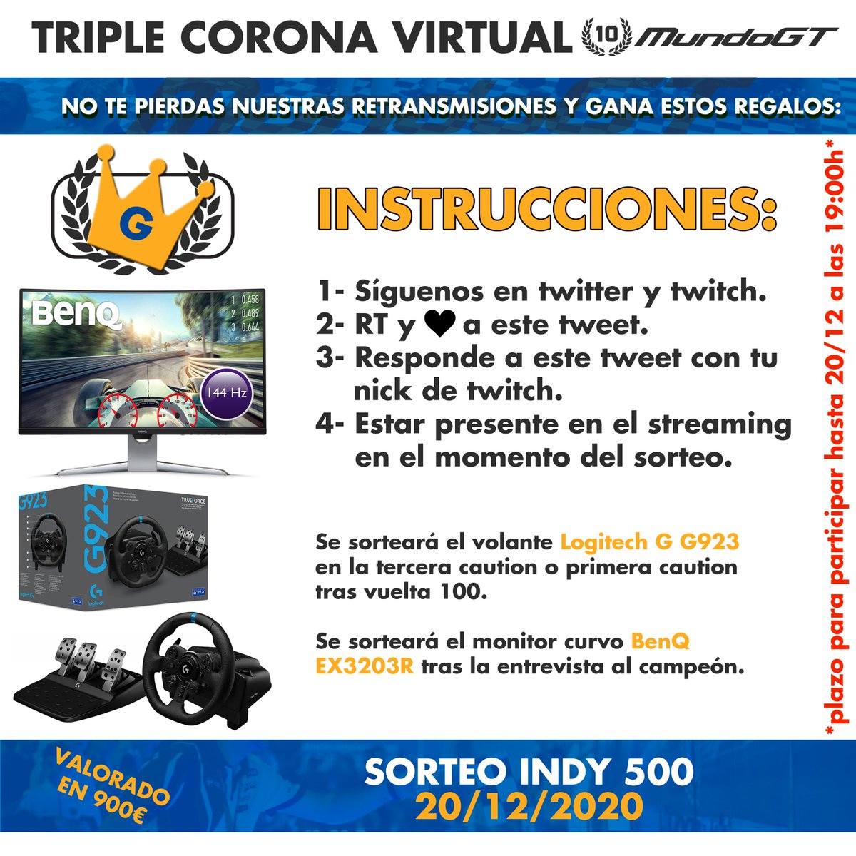 #10MGT | ¡Este domingo continuamos con la 2da corona y 2do sorteo!

📰mundogt.es/2020/12/06/la-…

Nuevas instrucciones para participar en la imagen, ¿serás uno de los 2 afortunados? ¡Date prisa que no se te olvide!

Os esperamos a todos en la INDY500💜21:00h twitch.tv/mundogt