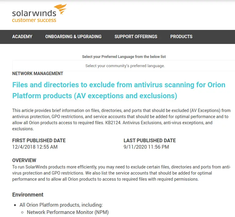craiu's tweet photo. This is nuts. Solarwinds had a support page (now removed) advising users to DISABLE antivirus scanning for Orion products' folders. https://t.co/ptUKR4zQ8d