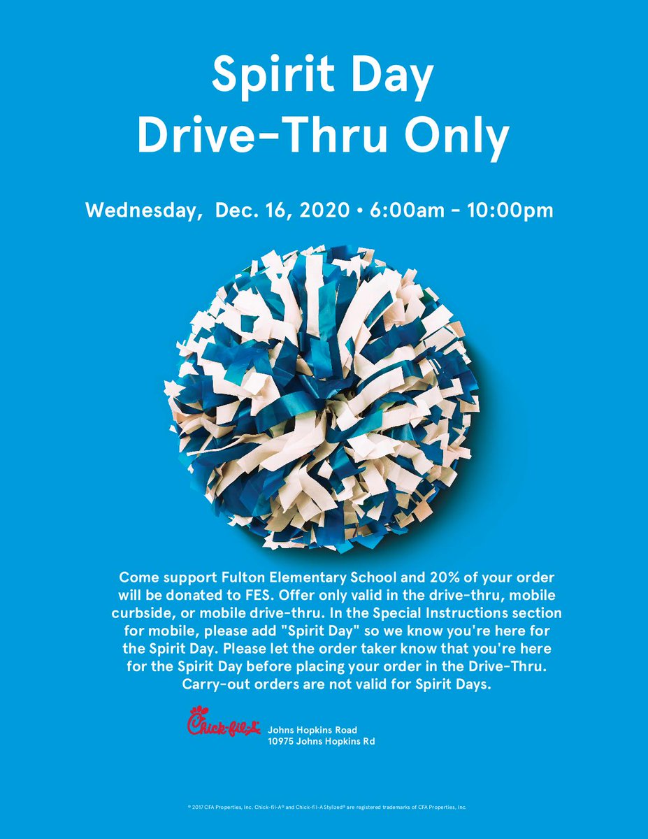 Today is a great day to "Eat Mor Chikin"! 

Make sure you add "Spirit Day" in the Special Instructions section if ordering through the mobile app and to mention FES Spirit Day BEFORE you order if you go through the drive-thru.