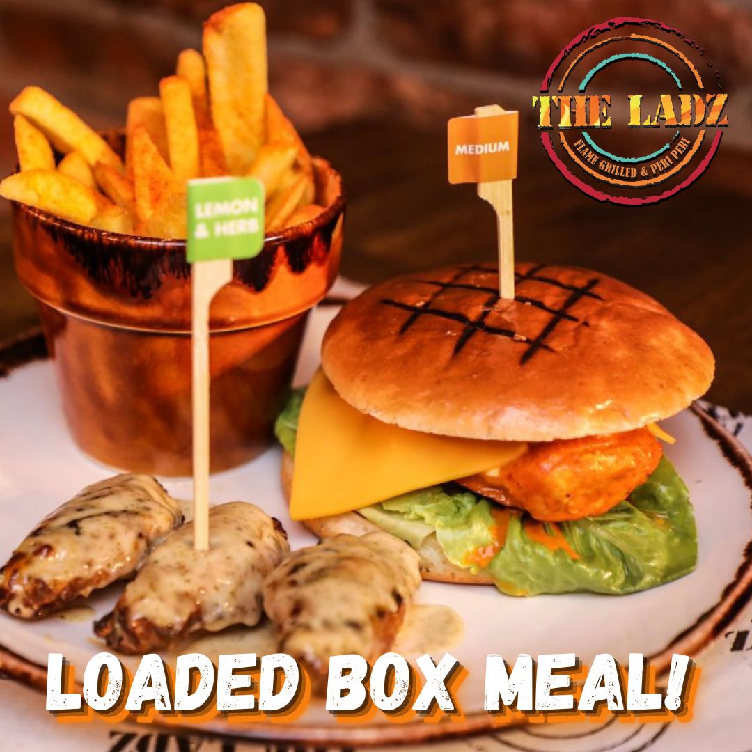 ladz_the's tweet photo. THE LADZ Loaded Box Meal! 🔥

- Chicken Burger or Chicken Wrap 
- Upgrade to Gourmet Beef or Gourmet Lamb for Xtra 50p.
- 3 Wings or 3 Strips
- 1 Side 
- A canned drink

We'll say it... you've just found your favourite meal...😏

DON'T FORGET WE ARE NOW OPEN FOR DINING IN! https://t.co/6KX2Rbydhv