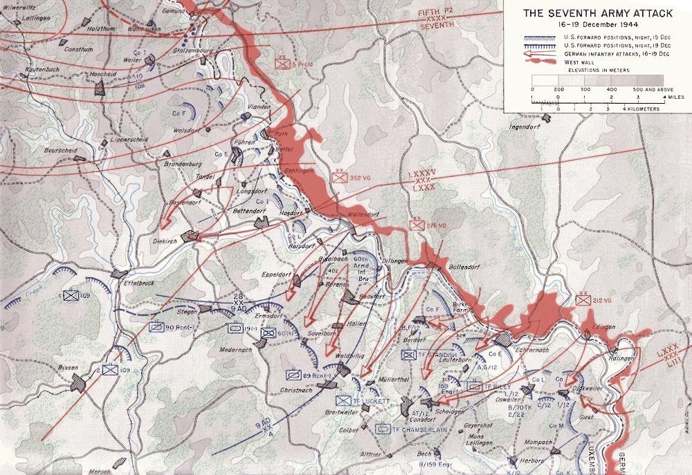 352VGD objectives were to cross the Our river, quickly take possession of the Sauer river crossings at Diekirch & Ettlelbrück & push for Bettborn-Pratz-Bissen to protect the left flank of 5FJ & others further north. 3)