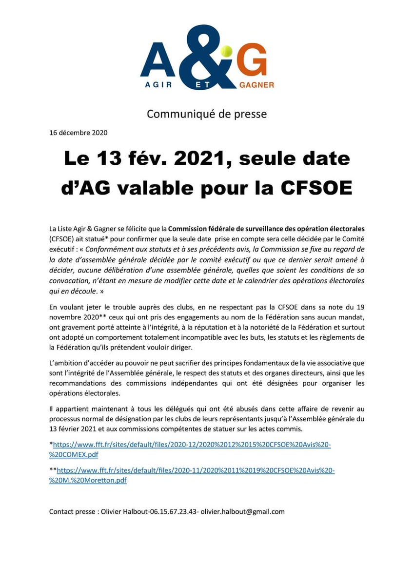 L'assemblée générale aura bien lieu le 13 février 2021.