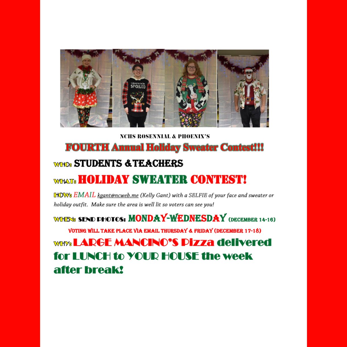 NCHSPress's tweet photo. The Publications department is holding their Christmas sweater contest VIRTUALLY this year! Send in your submissions to Kelly Gant! Winner gets a large Mancino’s pizza delivered TO THEIR DOOR! https://t.co/egaU6Sv4lE