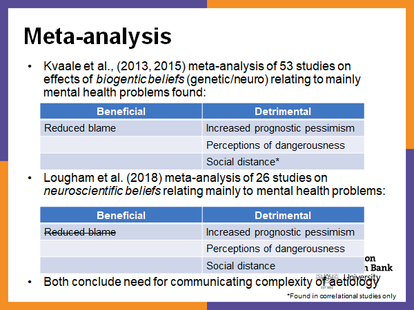 Framings that are humanising, reduce (rather than increase) perceived difference and increase recovery beliefs are more likely to reduce stigma, and likely explain why disease/biogenetic beliefs amongst the public do not appear to reduce stigma. 7/10