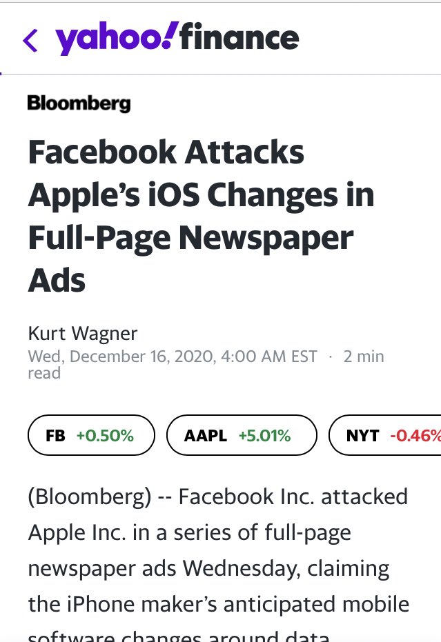 Facebook buying big ads in big newspapers.  We must be closing in on Apple’s move to limit Facebook’s ability to keep using IDFA to track users browsing, app usage and 24/7 locations. Facebook now lobbying hard this will hurt small business - not mentioning FB CFO warnings .