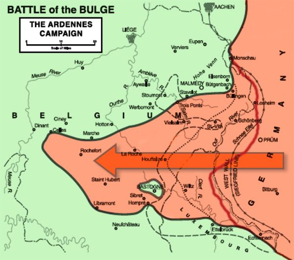 4 of 8: Officially the Ardennes Counteroffensive, the fight earned the lasting sobriquet "Battle of the Bulge"; the German initial thrust protruded on an operational map like a bulging front. [the nickname is attributed to United Press war correspondent Larry Newman]