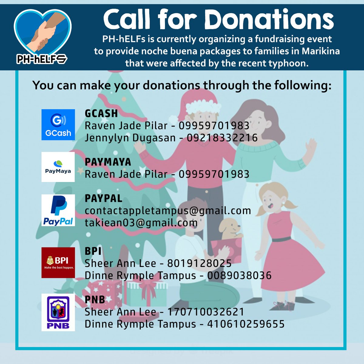 PHhELFs's tweet photo. PH-hELFs is organizing a fundraising event to provide noche buena packages to families that were affected by the recent typhoon in Marikina. 

Thank you and Merry Christmas! 💙

#SJ_Gives_hELF https://t.co/yzkfLN23qc