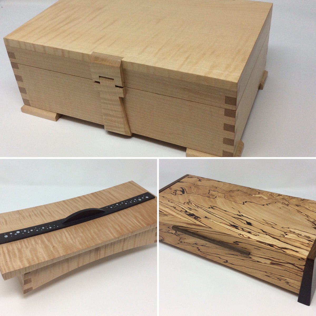 Rippled maple, sycamore and spalted beech boxes for sale at the Reigate popup shop!