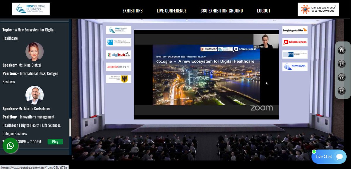 CrescendoWorld's tweet photo. The #NRWVirtualSummit is LIVE!
Hear from Ms. Nina Dietzel, International Desk, Cologne Business about "A New Ecosystem for Digital Healthcare".
#NRW #Germany #Healthcare #DigitalHealth #LifeSciences #VirtualSummit https://t.co/U8coyjxrqW
