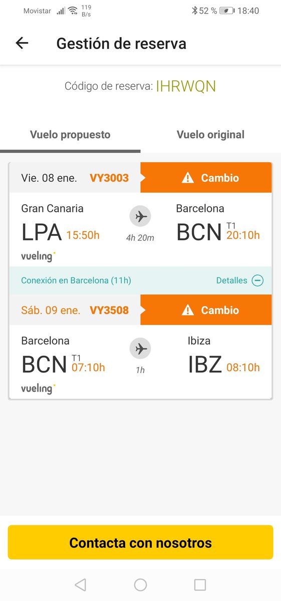 Hola <a href="/vueling/">Vueling Airlines</a>, llevo días con 2 vuelos cambiado por vosotros,con más 8h por vuelo, uno cambiado a otro día, y sin posibilidad de hacer la cancelación del cambio: por web no hay botón para gestión (como en otros vuelos), y por teléfono no lo cogeis. Que puedo hacer?