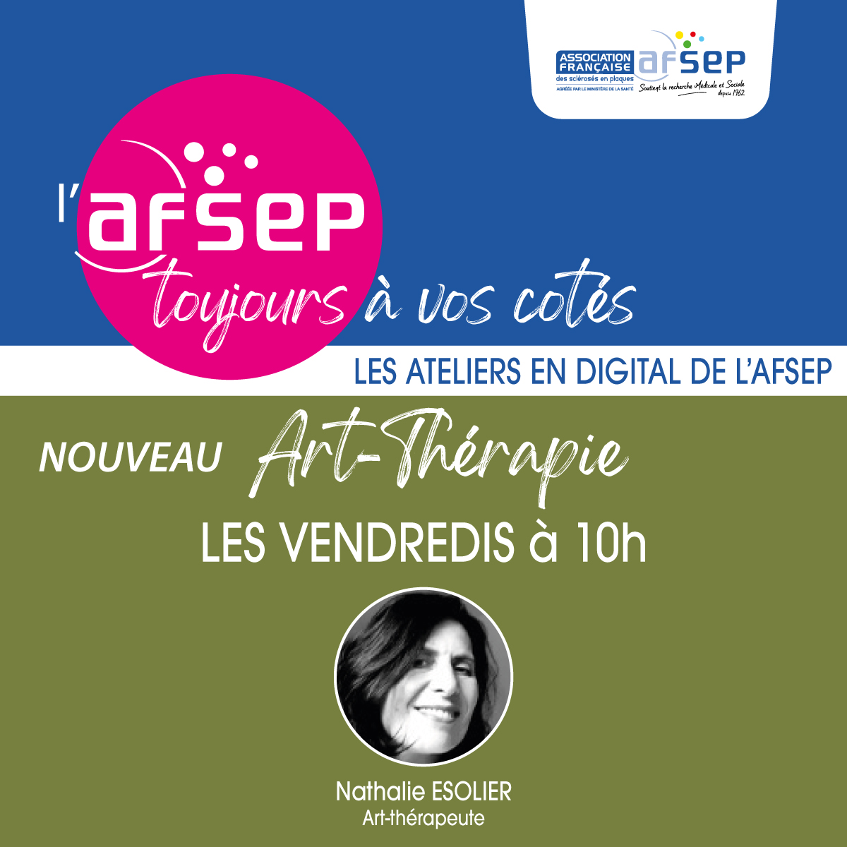 NOUVEAU : à partir de vendredi découvrez atelier d'#Art-Thérapie : un retour à ses cinq sens suivi du processus d’expression créative.
Mes ateliers sont orientés vers le #bien-être et l’estime de soi.
Inscriptions : afsep.clickmeeting.com
