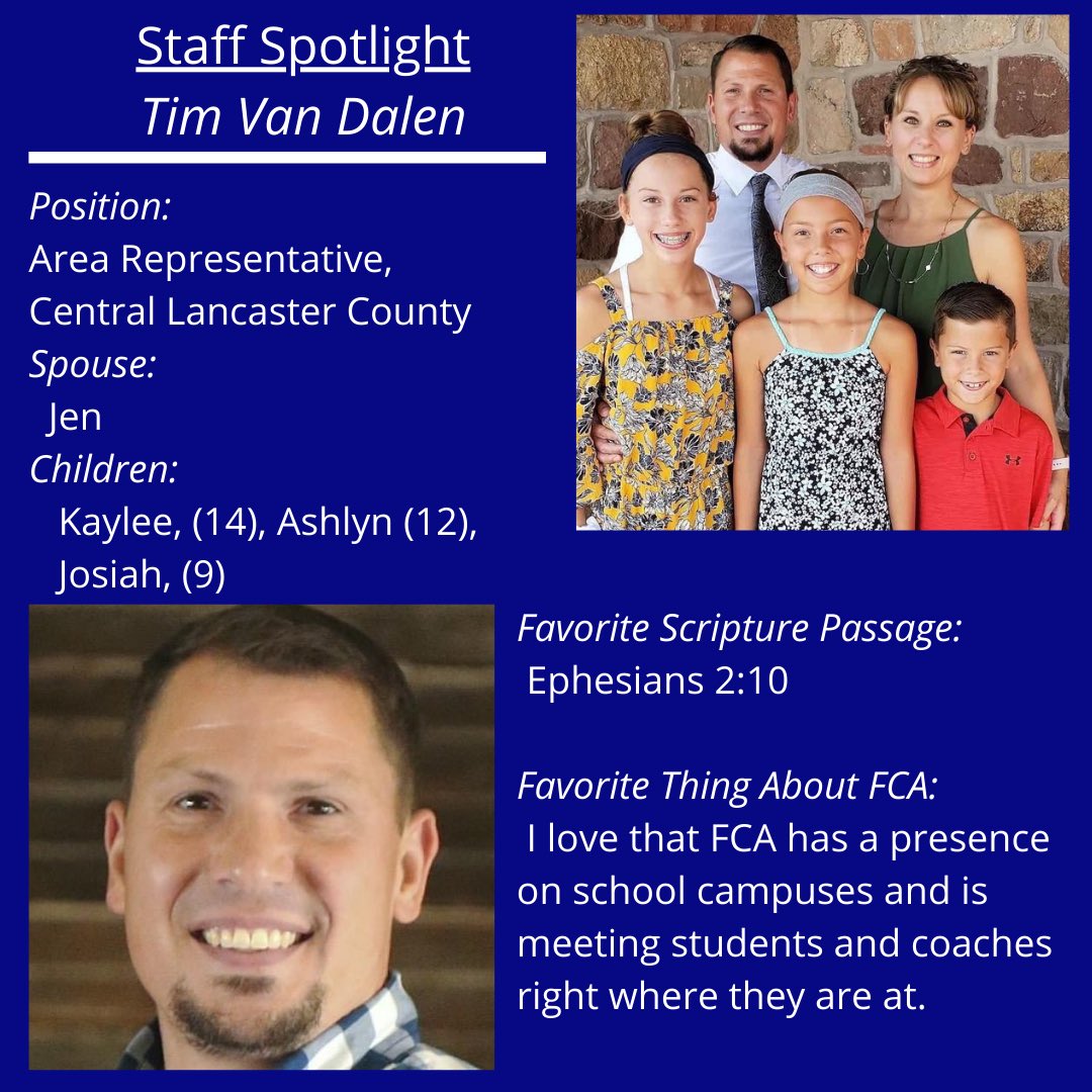 Staff Spotlight! Meet Tim Van Dalen, our area representative in Central Lancaster County! Tim’s area includes Warwick, Manheim Township, and Hempfield school districts.

#LancasterFCA