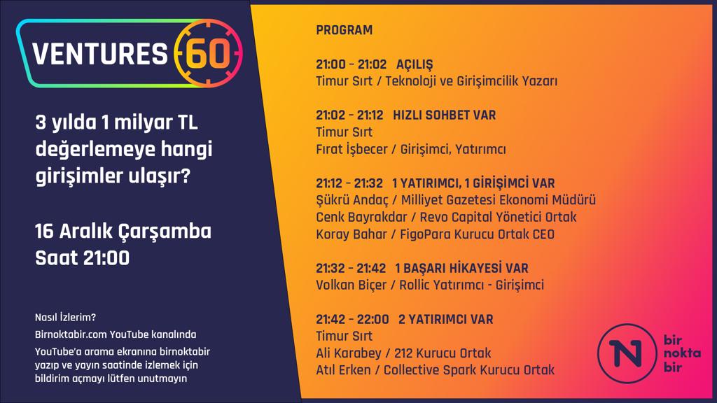 Veeee <a href="/ventures60/">Ventures60</a> yolculuğumuzun ilk etkinliği, bu akşam saat 21:00'da YouTube platformunda sahne alacak. 
CANLI YAYIN linki:🚩bit.ly/3gZ3BLR 
 Vizyoner, verimli ve elbette sıcak, samimi bir sohbette görüşmek dileğiyle...
<a href="/TLENKS/">Timur SIRT</a> <a href="/1NBir/">Birnoktabir.com</a> <a href="/Fisbecer/">Fırat işbecer</a> <a href="/cnkbyrkdr/">Cenk Bayrakdar</a> <a href="/atilerken/">Atil Erken</a>