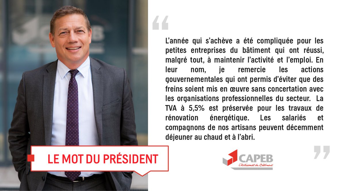 Le Président de la #CAPEB, Jean-Christophe Repon, tient à saluer les actions des Ministres <a href="/EmmWargon/">Emmanuelle Wargon</a>, <a href="/alaingriset/">Alain Griset</a> &amp; <a href="/j_gourault/">Jacqueline Gourault</a> en faveur des #TPE du #BTP qui voient, en cette fin d’année, leur TVA réduite préservée et leurs salariés déjeuner au chaud et à l’abri !