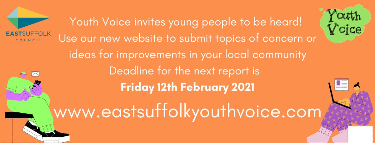 #SuffolkYouthVoice, linked with <a href="/YouthCouncilWYC/">Waveney Youth Council</a>, is inviting young people to put forward ideas for discussion or improvements in the local community of #Lowestoft and #Waveney.  Head to their website for more information

eastsuffolkyouthvoice.com