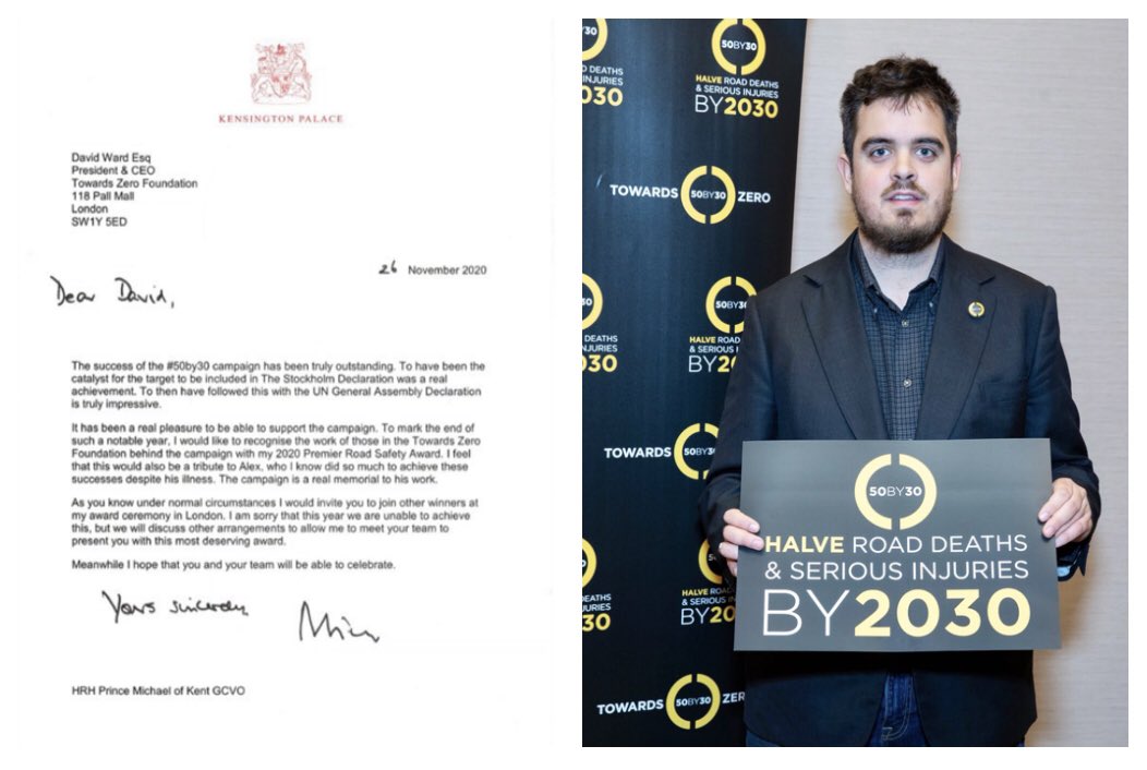alexwardfund's tweet photo. We are deeply touched that our much loved son Alex has been recognised by HRH Prince Michael of Kent for his contribution to the #50by30 global road safety campaign. This has just won the PMIRSA Premier @roadsafetyaward which would have made him very proud. https://t.co/NNEIAR3Q7h