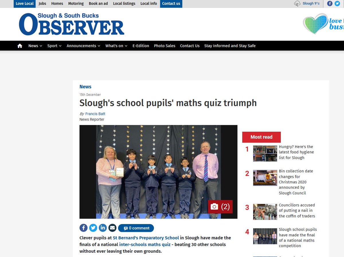 StBernardsPrep's tweet photo. Lovely to get recognition in our local paper for our victory in @QuizClubUK
#mathsminds #thequizclub #stbernardsprep #sloughobserver #localpaper https://t.co/KWeUtin3vW