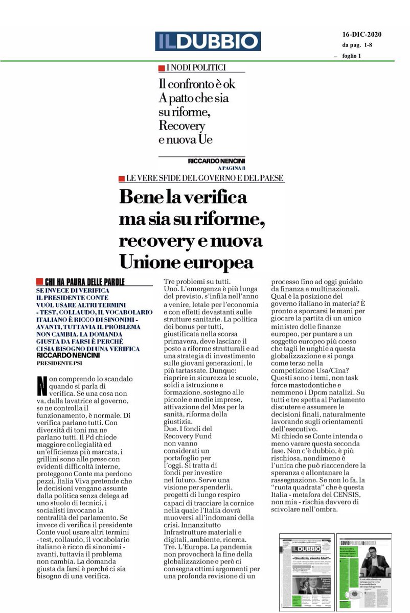 NenciniPsi's tweet photo. Il mio@pezzo di oggi su @ildubbionews. Non è uno scandalo parlare di verifica di #governo ma sia su riforme, recovery e nuova #Ue https://t.co/c9HAX5n23U