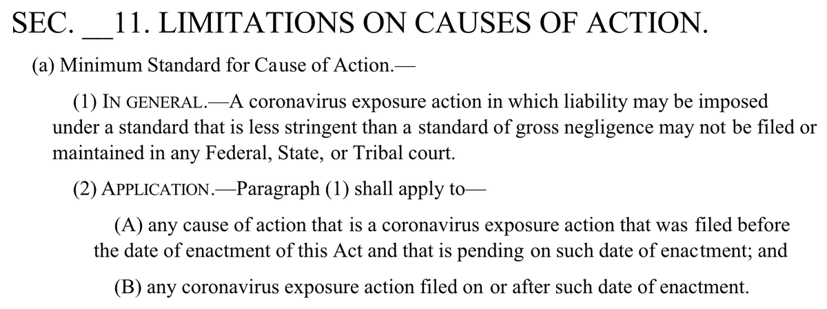 The bill's main section sets a "gross negligence" standard for Covid-19-related personal injury actions. Under current law, one generally needs to show only "negligence" (failure to exercise reasonable care), not "gross negligence" (here: "reckless disregard of a legal duty") 2/