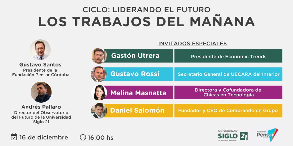 [HOY!] A las 16hs no te pierdas el ciclo “Liderando el futuro” de la Fundación <a href="/PensarCordoba/">Fundación Pensar Córdoba</a> y <a href="/LaSiglo21/">Universidad Siglo 21</a>. <a href="/GastonUtrera/">GastonUtrera</a>, <a href="/MoroRossi/">Gustavo Rossi</a>, <a href="/MelinaMasnatta/">Melina Masnatta</a>, <a href="/ElDaniSalomon/">Daniel Salomon</a>, para conversar sobre el futuro del trabajo. Conectate en este link 👉 bit.ly/35KeZr3   
#PensarCórdoba