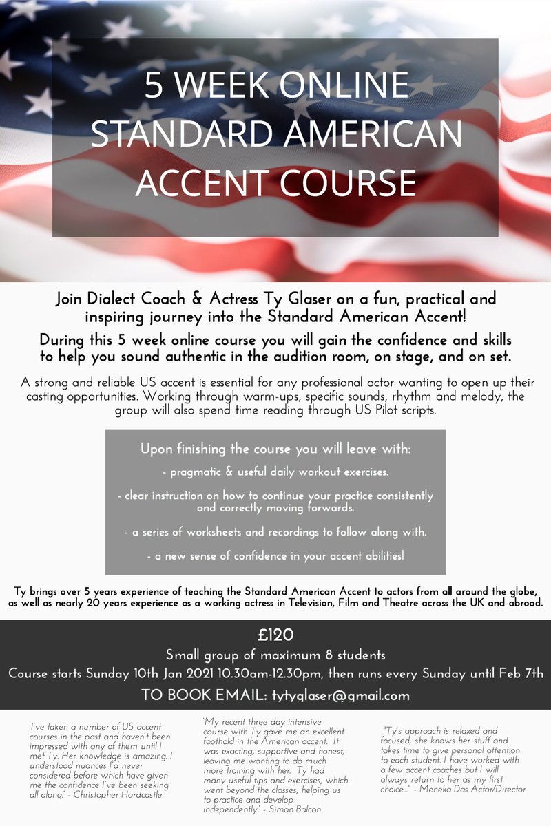 TyGCoaching's tweet photo. Some spaces left on my Level 1 #USAccent Course starting Jan 10th 2021! Email me at tytyglaser@gmail.com if you’d like to book #actress #actor #dialectcoach #skills #pilotseason #StandardAmerican #audition #TV #film #theater #dialect #courses https://t.co/llmSgJfJY9