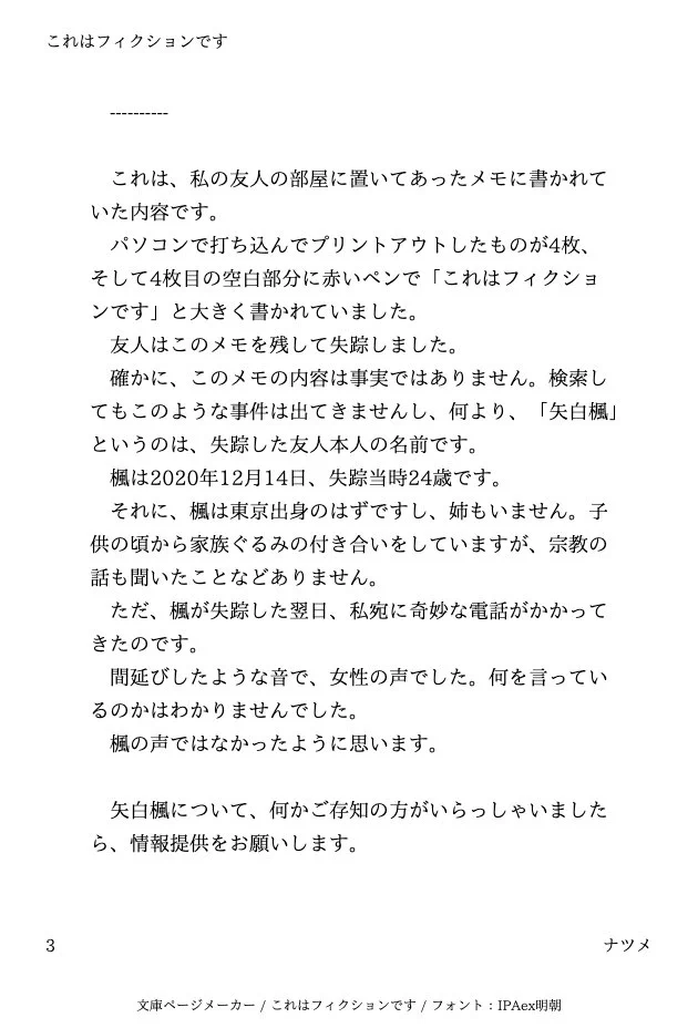 フィクション・・・なんだよね？？こっわ、何？「友人が行方不明になった、という話です。何か情報があればご連絡をお願いします。」