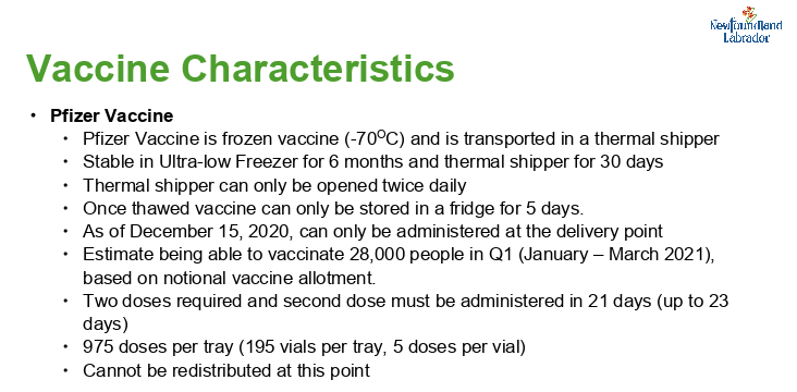 The Pfizer vaccine will be delivered to St. John's, Gander, Corner Brook, Labrador City/Wabush and Happy Valley - Goose Bay  #covid19nfld