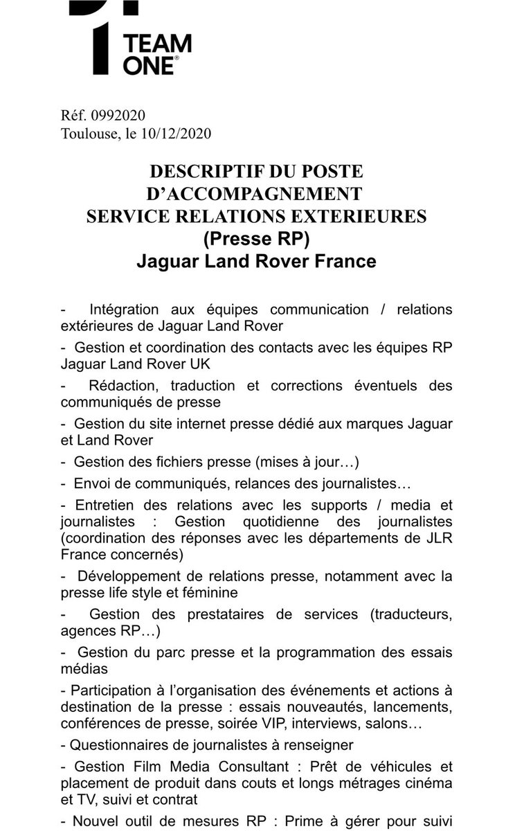Dans le cadre de notre mission d'accompagnement au groupe @JaguarFrance nous recherchons un attaché de presse en cdi. Ce poste est basé au siège dans le 92.
Rémunération de 35k brut annuels.
Cv à: contact@teamone-groupe.com 
Partages appréciés🙏🏻