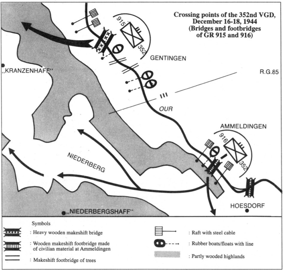 The bridges & crossings were varied (see map), with Ammeldingen crossed by 916VGR after Div/Korps Pioniere stripped the village of doors/material to fix to carts wheeled into the swollen Our**An increase of <1m to 2.5m in depth.Pic 4 Hoesdorf plateau on the right. 6)