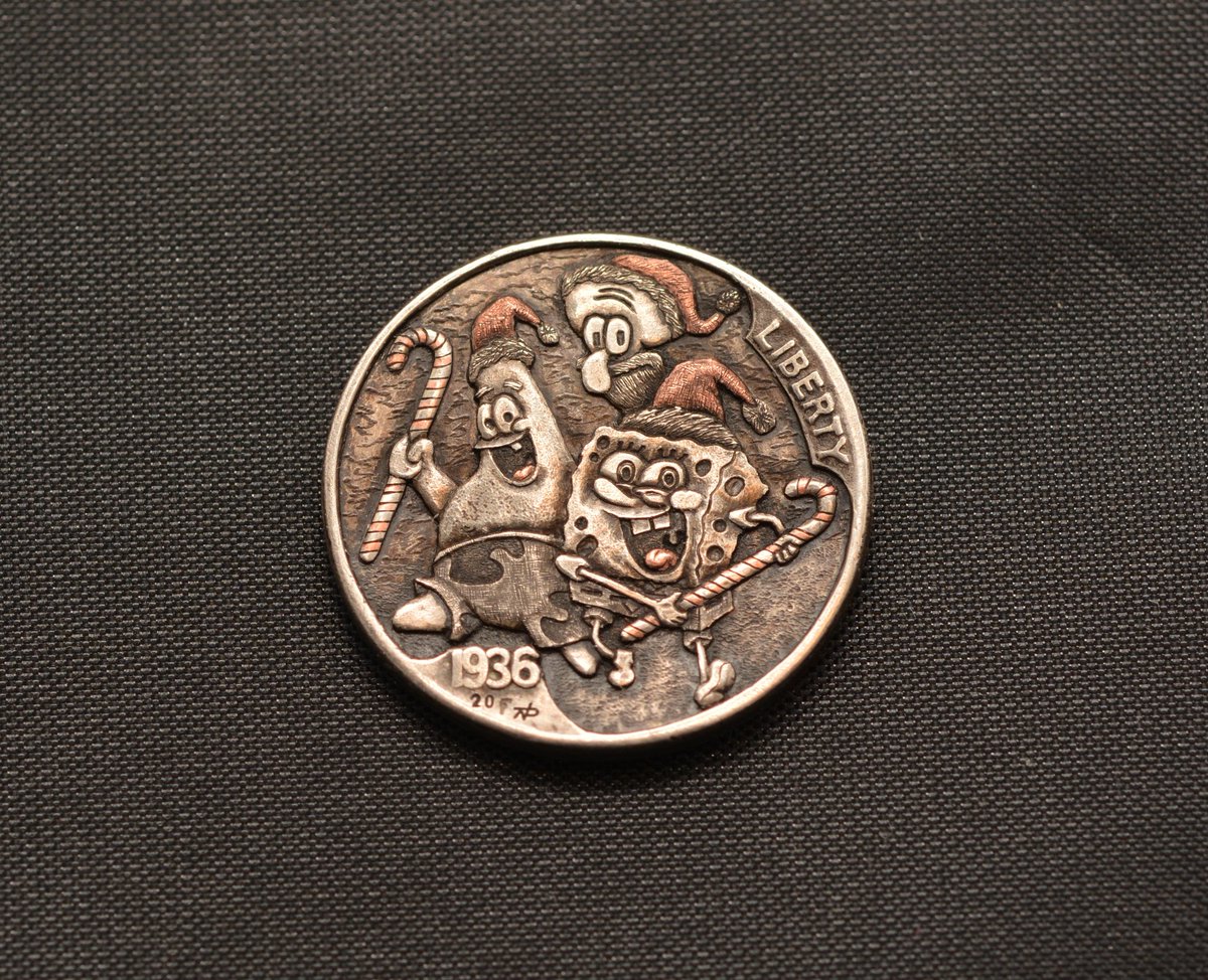 nari_palsis's tweet photo. #HoboNickel #merrychristmas #gold and copper inlays #coins #coin #handengraved #handengraving #engraving #engraved #buffalonickel #narimantaspalsis #nari #coinart #xmas #christmas #spongebob #squarepants #patrickstar #squidward 
Last day on #ebay #auction 
https://t.co/3p0HZ0JCTQ https://t.co/NdVFREHMYV